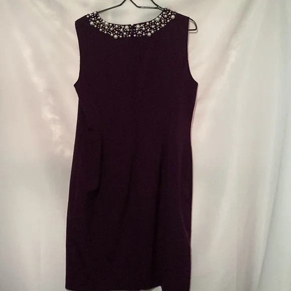Calvin Klein Deep Purple Dress Embellished FAUX PEARL Neckline WOMENS SIZE 14 - Picture 10 of 13